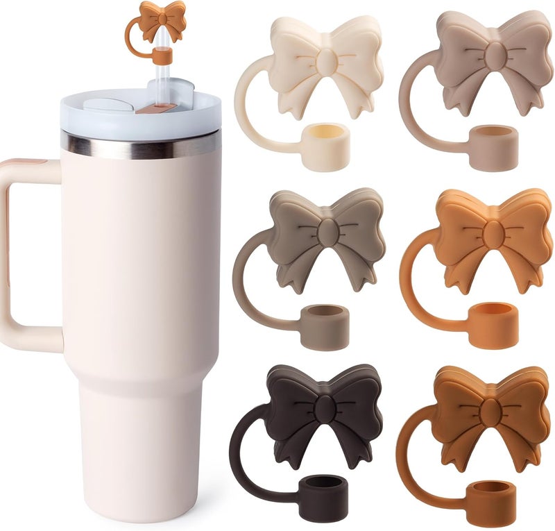 linmaya 6PCS Bow Straw Toppers, Cute Straws Covers for Stanley 30&40 Oz Tumbler with Handle, 10mm Dust-Proof Reusable Straw Toppers Accessories for Girls Kids (Black Brown Coffee) - Image 1